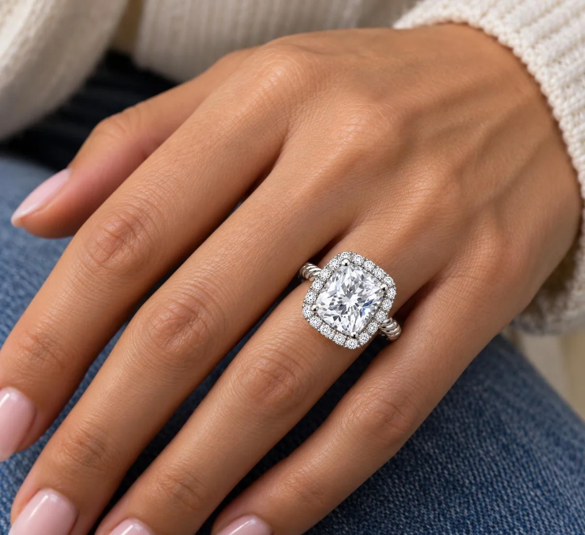 Bague Luxe Cable Halo en or blanc, portée à la main