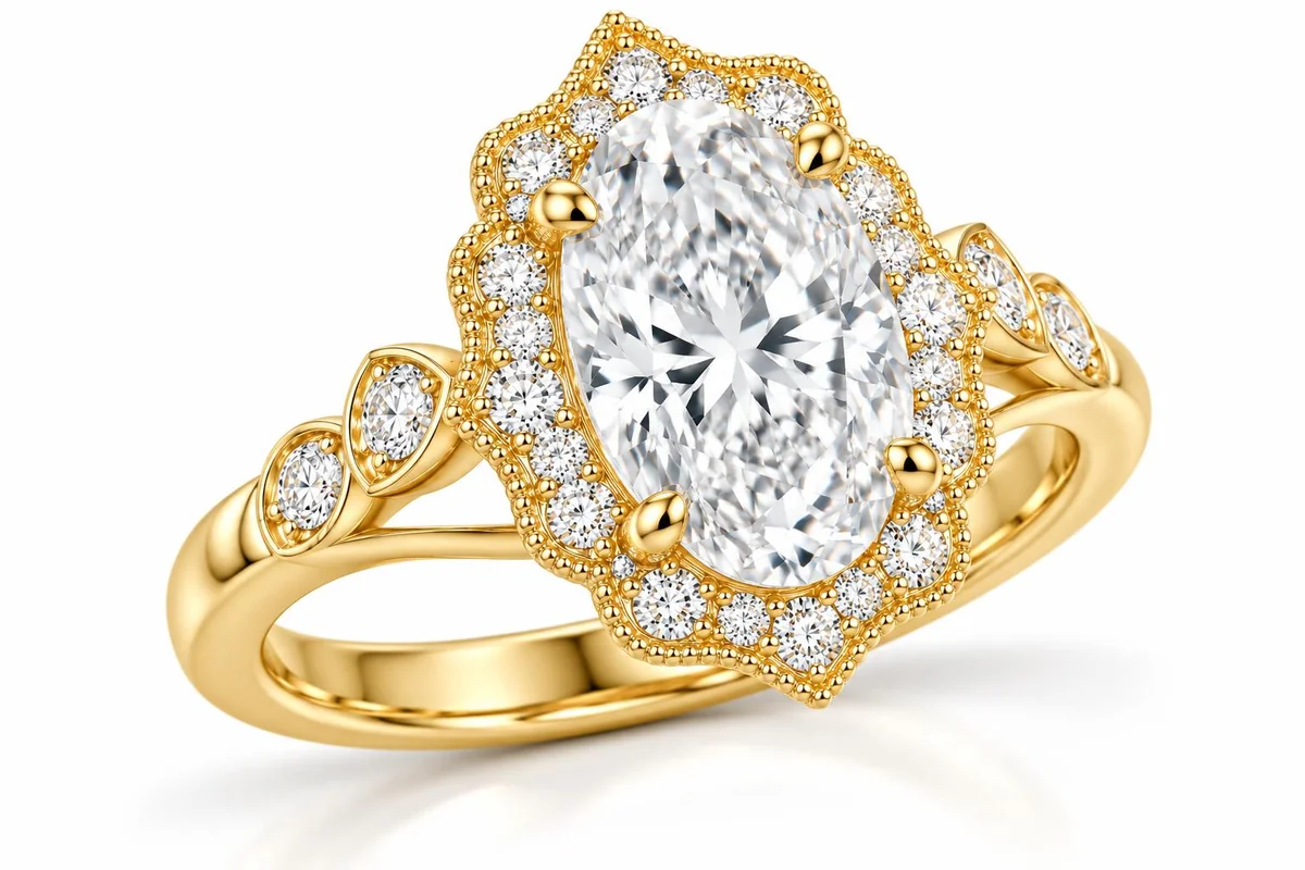 Bague Luxe Oval Fleur en or, vue de trois quarts