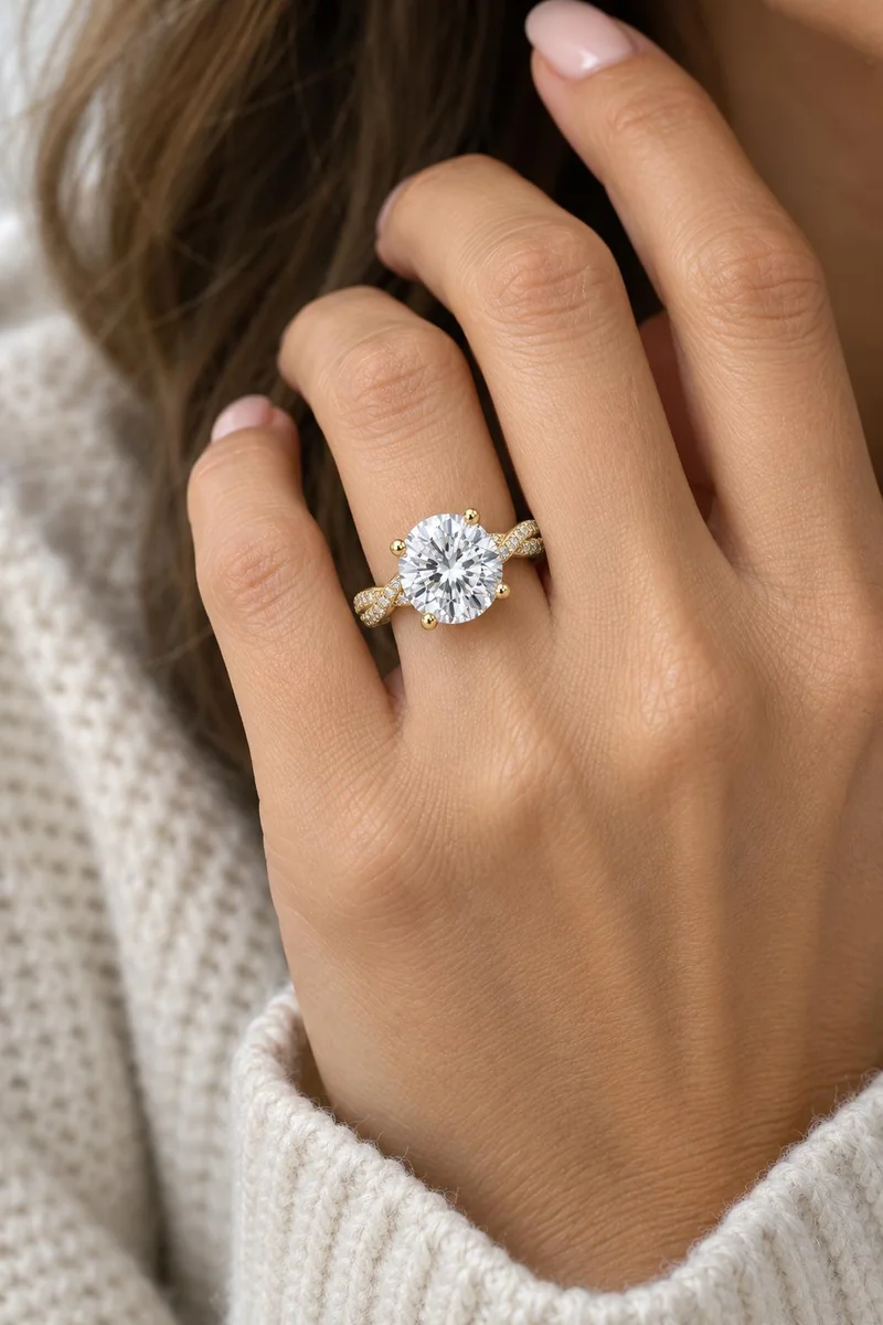 Bague Luxe Round Twist en or, portée à la main
